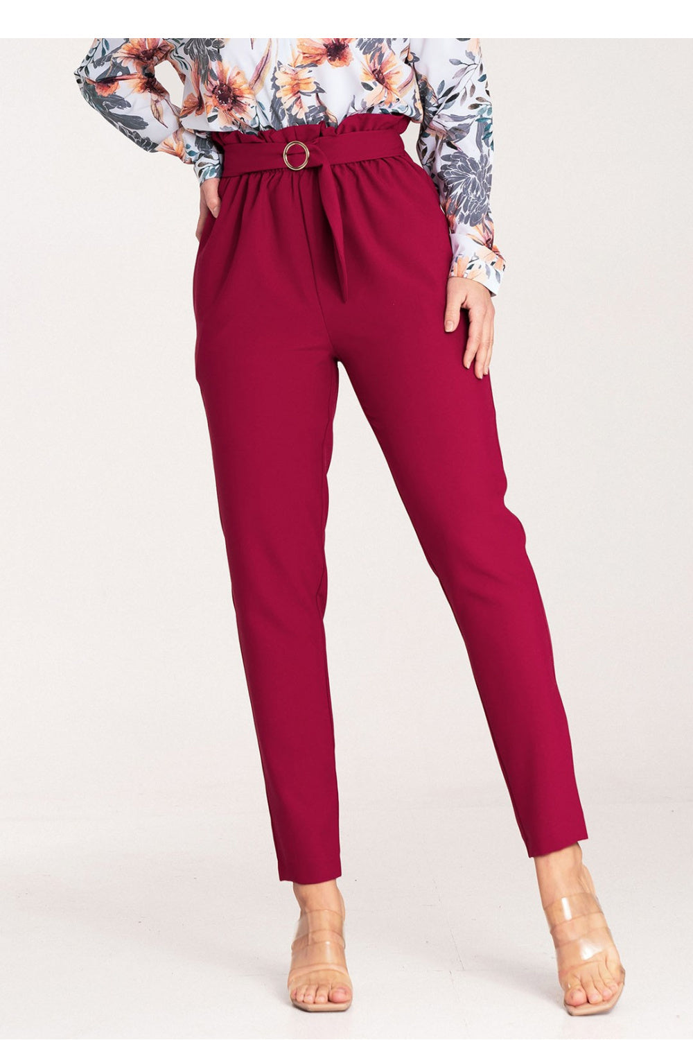 Figl Burgundy Polyester Pleated Trousers