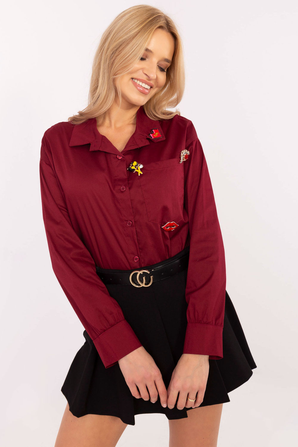 Italy Moda Burgundy Cotton Long Sleeve Top with Pockets