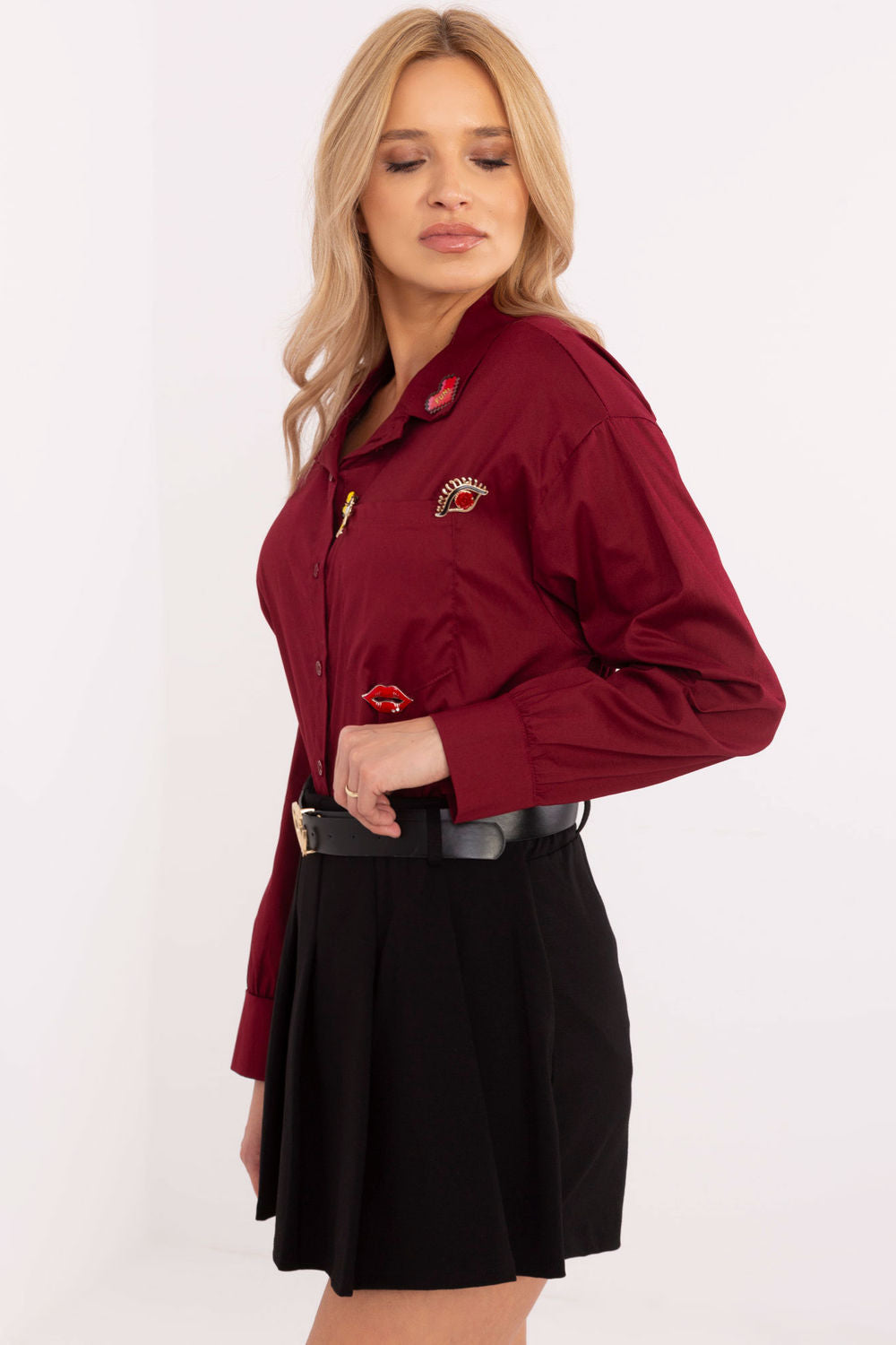 Italy Moda Burgundy Cotton Long Sleeve Top with Pockets - view 2