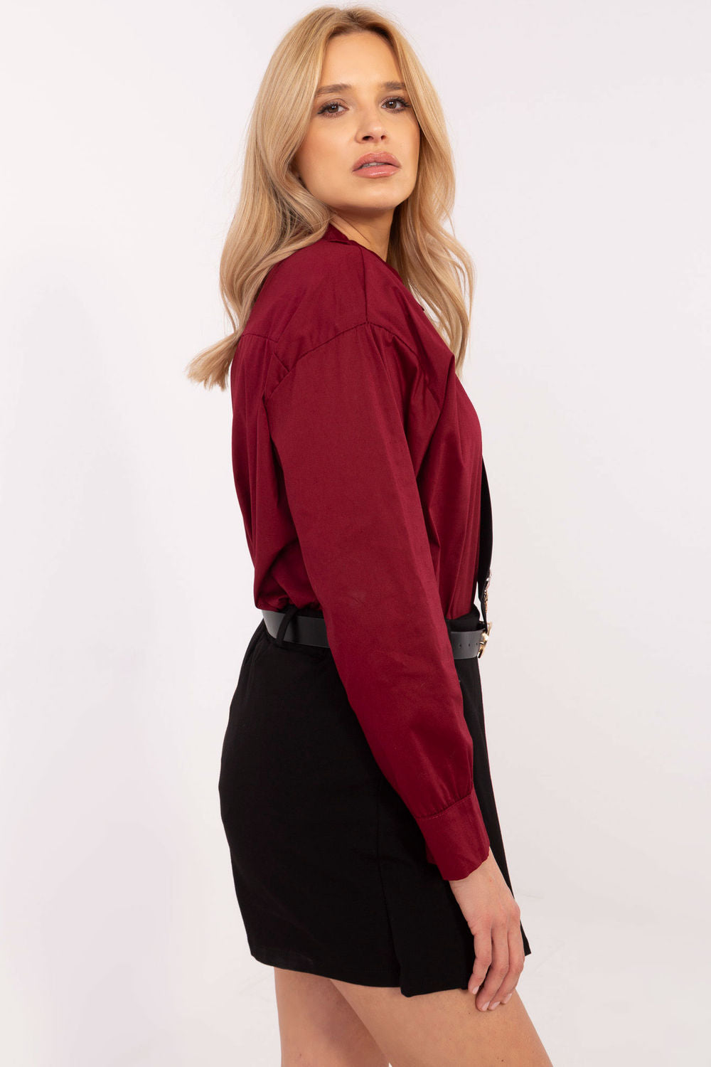 Italy Moda Burgundy Collared Cotton Long Sleeve Top with Buttons - view 2
