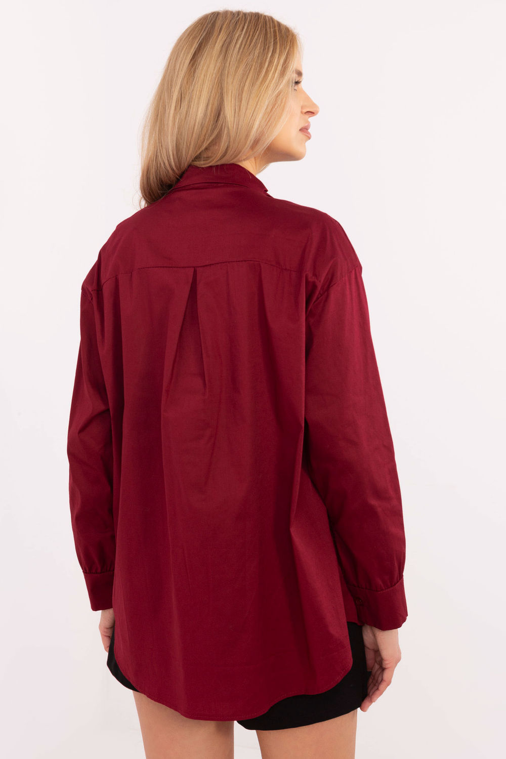Italy Moda Burgundy Collared Cotton Long Sleeve Top with Buttons - view 3