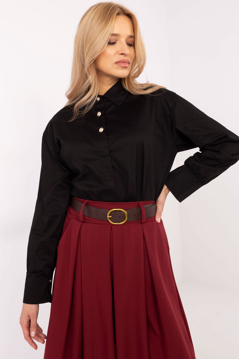 Italy Moda Black Cotton Long Sleeve Top with Buttons