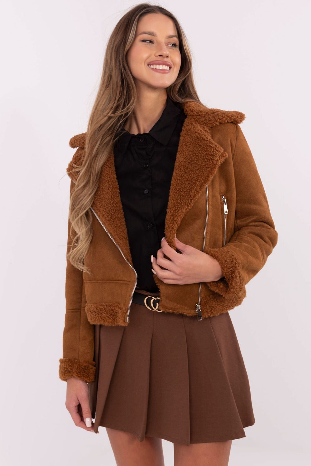 Italy Moda Light Brown Zip Up Long Sleeve Jacket