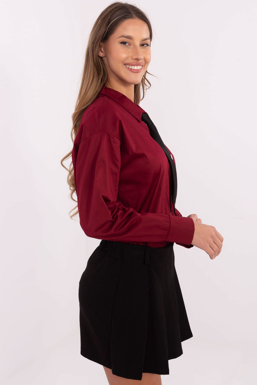 Italy Moda Burgundy Cotton Long Sleeve Top with Buttons - view 2