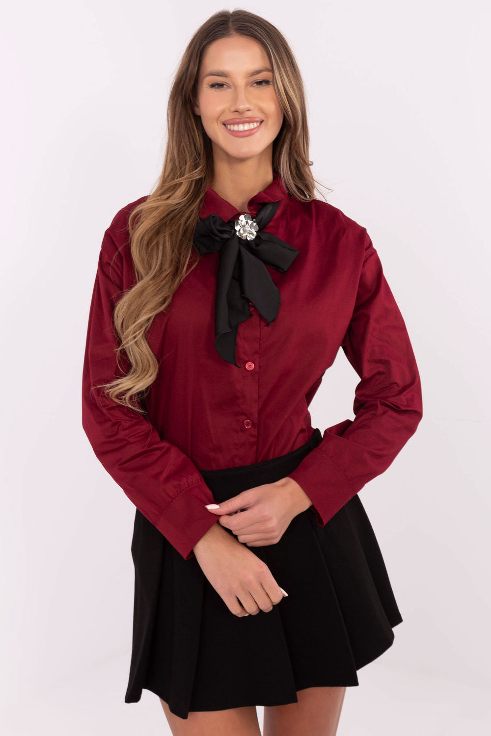 Italy Moda Burgundy Collared Cotton Long Sleeve Top