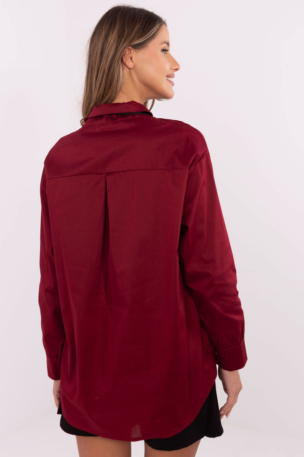 Italy Moda Burgundy Collared Cotton Long Sleeve Top - view 3