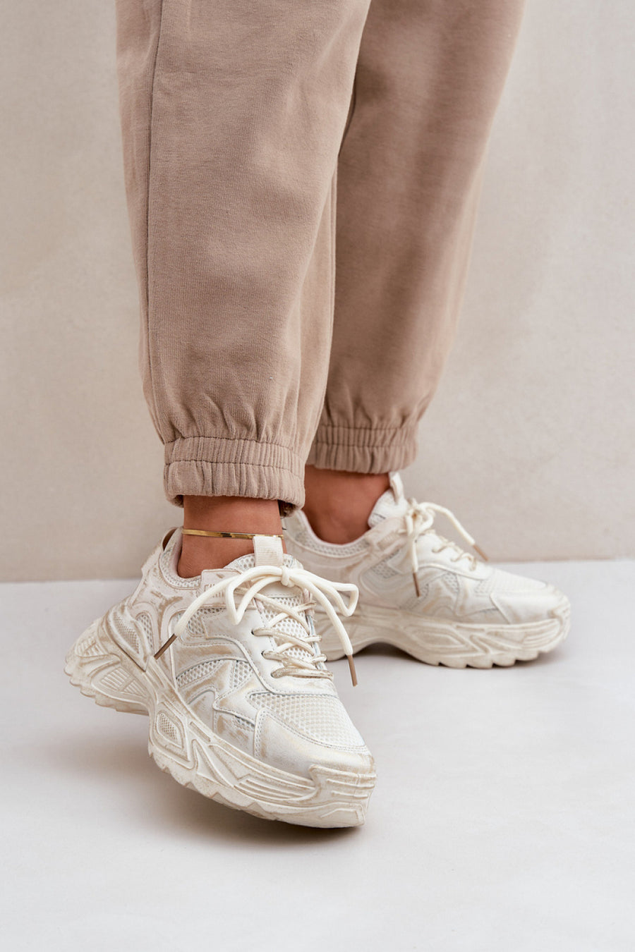 Step In Style Beige Faux Leather Platform Lace Up Trainers