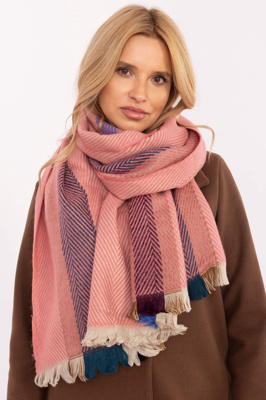 AT Orange Fringed Striped Shawl