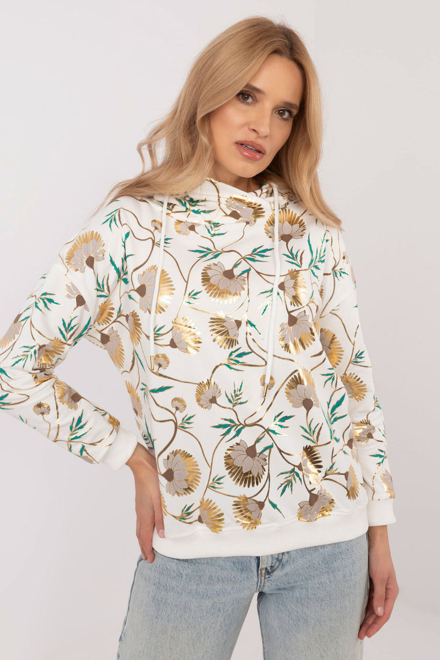 Factory Price Ecru Printed Hooded Long Sleeve Sweatshirt