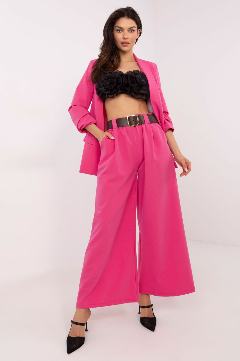 Italy Moda Dark Pink Flared High Waisted Trousers