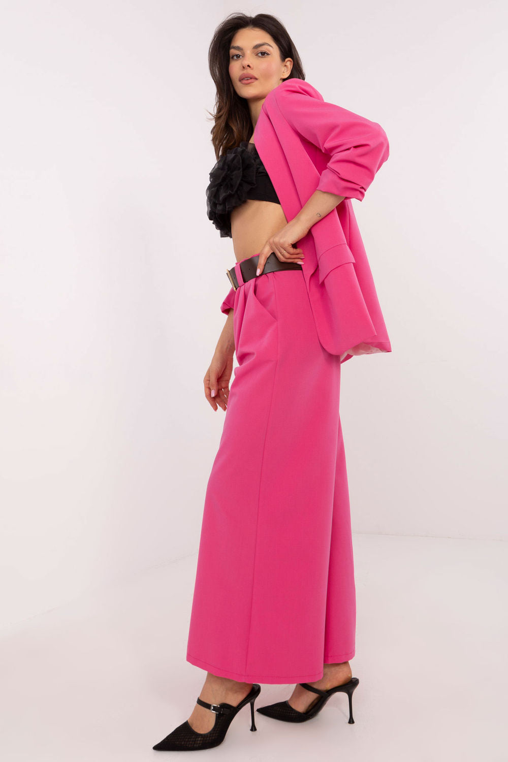 Italy Moda Dark Pink Flared High Waisted Trousers - view 2