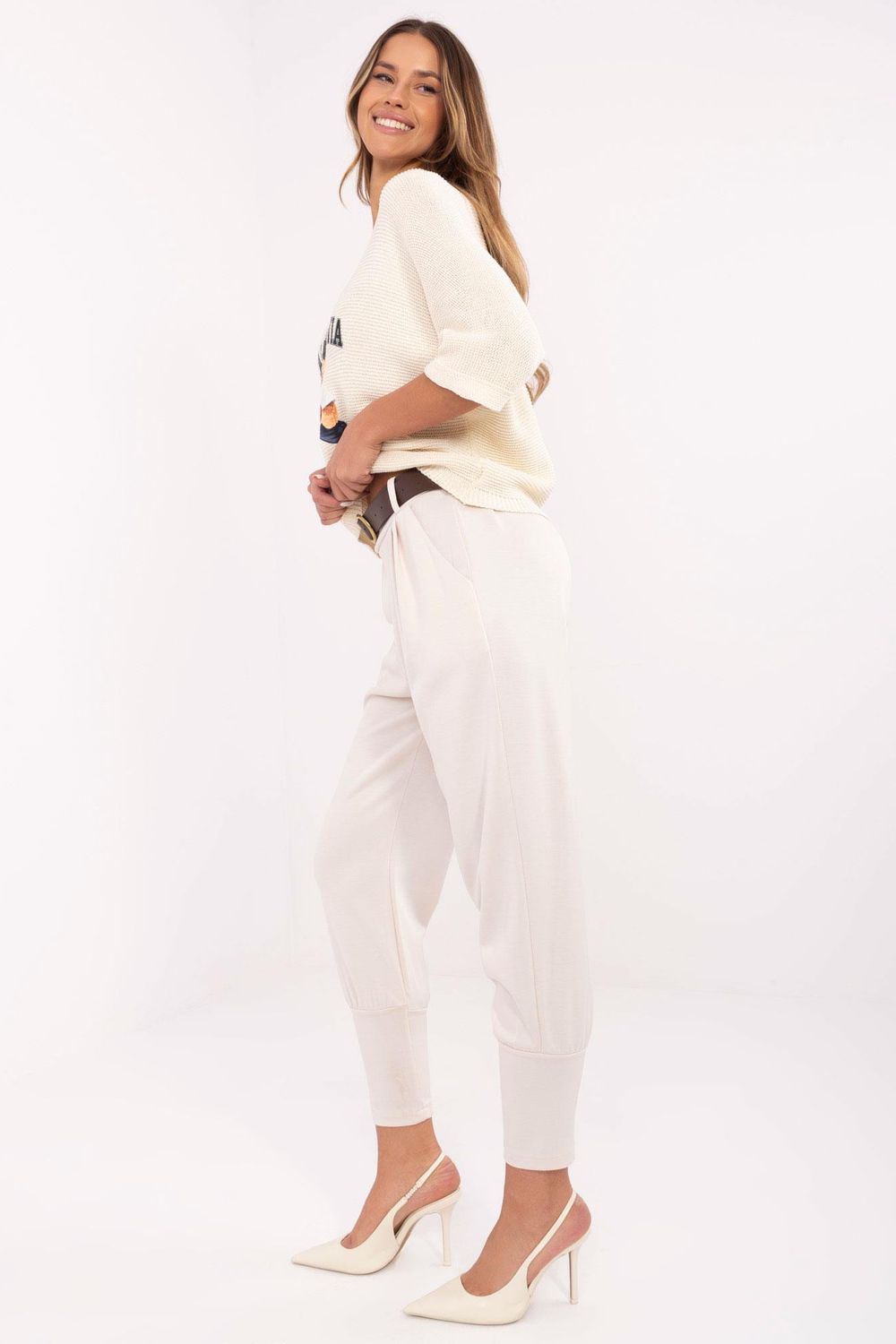 Italy Moda Light Beige High Waisted Joggers - view 2