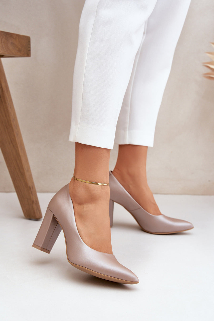 Step In Style Beige Leather Block Heel Court Shoes