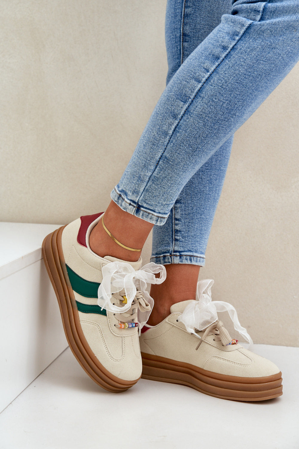 Step In Style Beige Faux Suede Platform Trainers