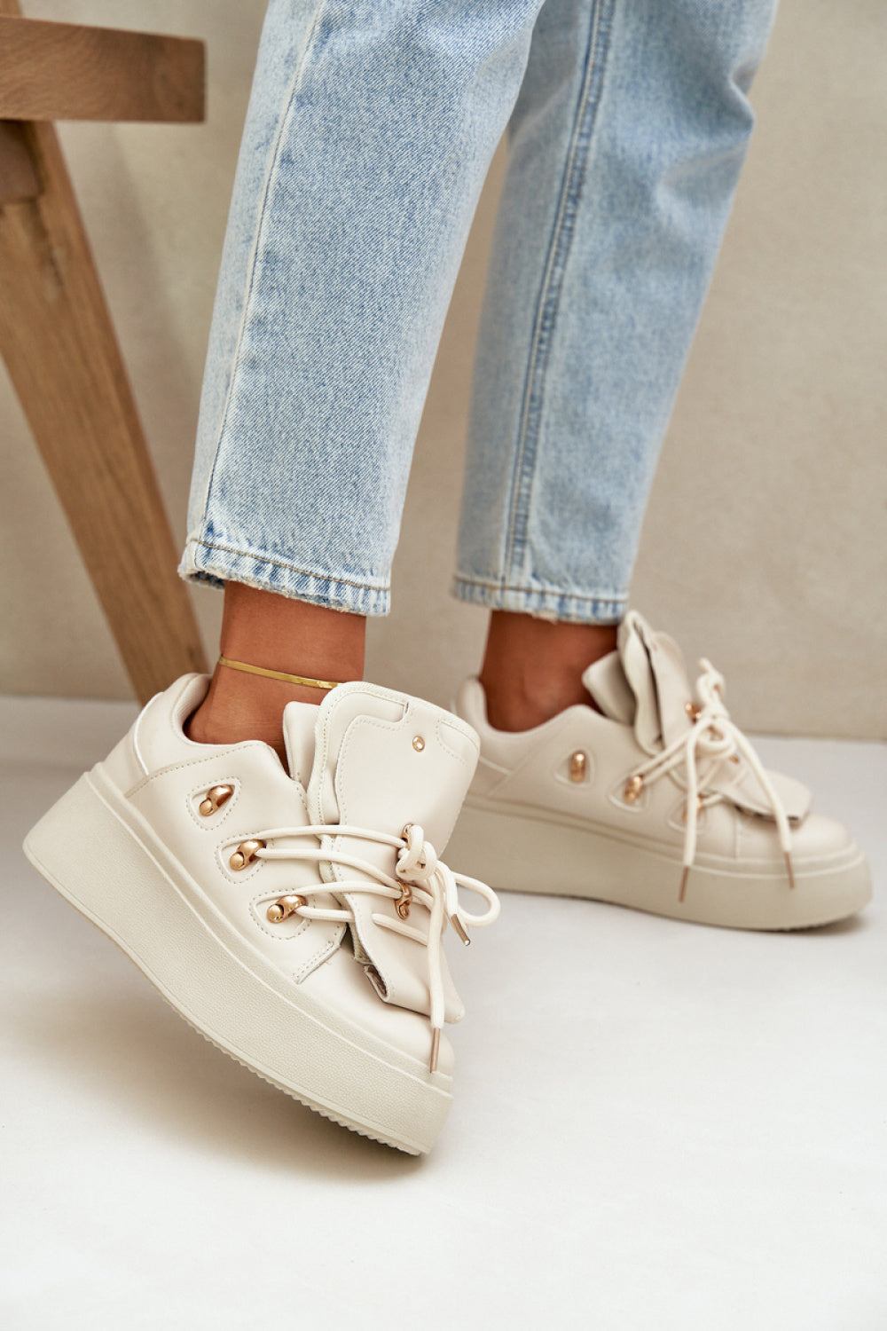 Step In Style Beige Faux Leather Platform Trainers