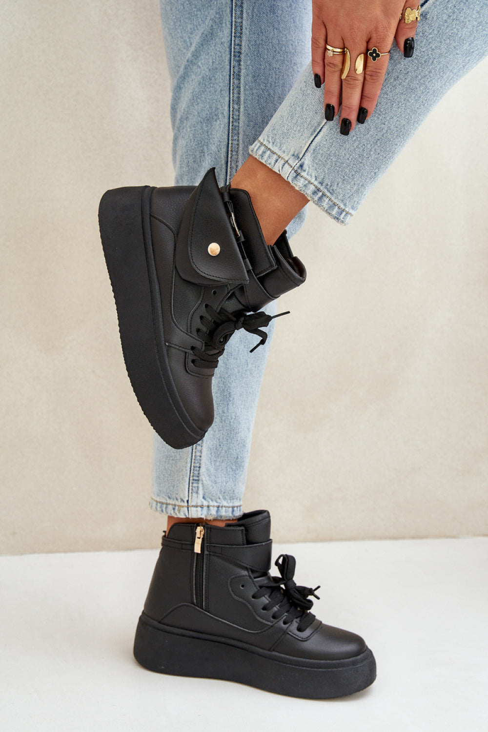 Step In Style Black Faux Leather Platform Trainers with Round Toe - view 3