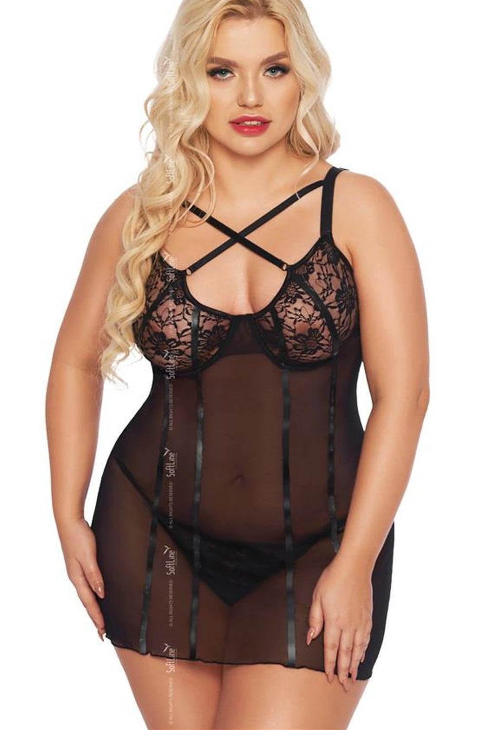 SoftLine Collection Cornelia Black Lace Striped Sexy Lingerie Set