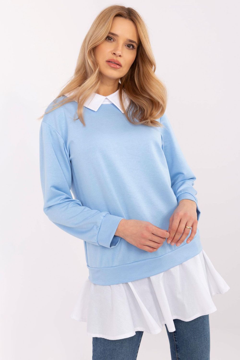 Italy Moda Light Blue Long Sleeve Cotton Blouse