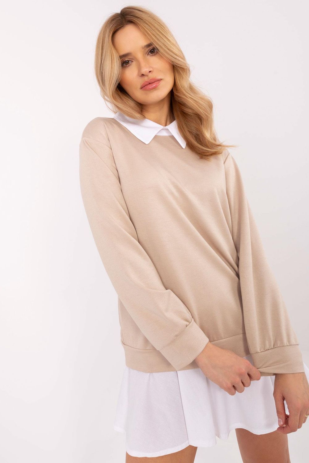 Italy Moda Beige Long Sleeve Cotton Blouse