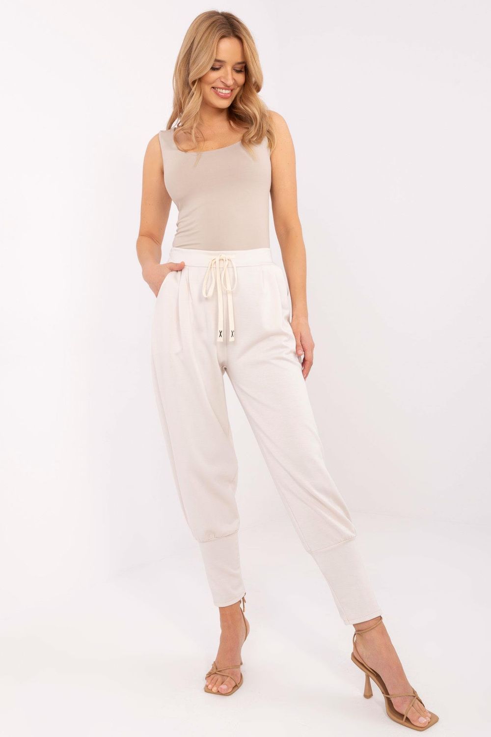Italy Moda Beige Polyester High Waisted Joggers