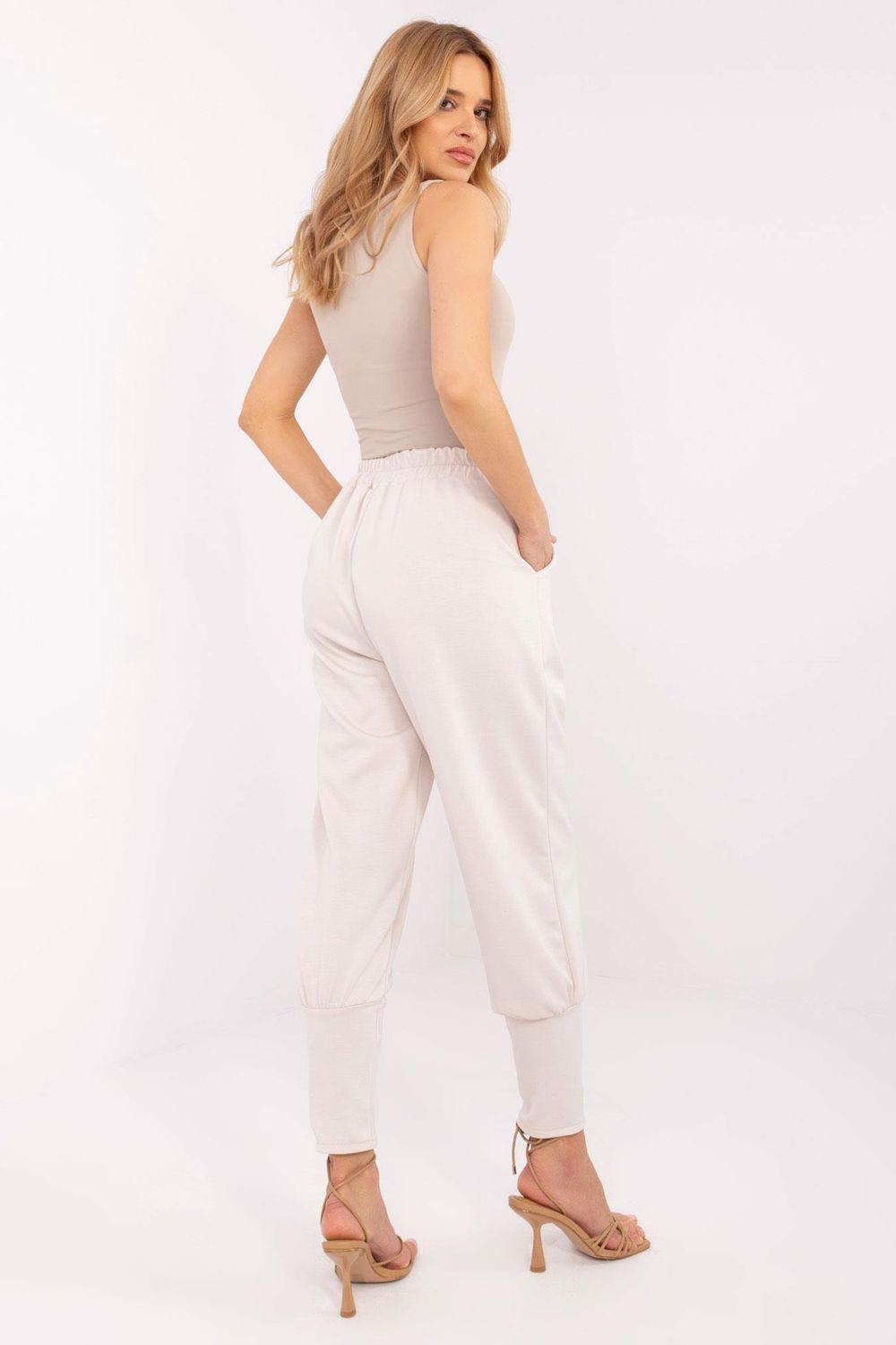 Italy Moda Beige Polyester High Waisted Joggers - view 3