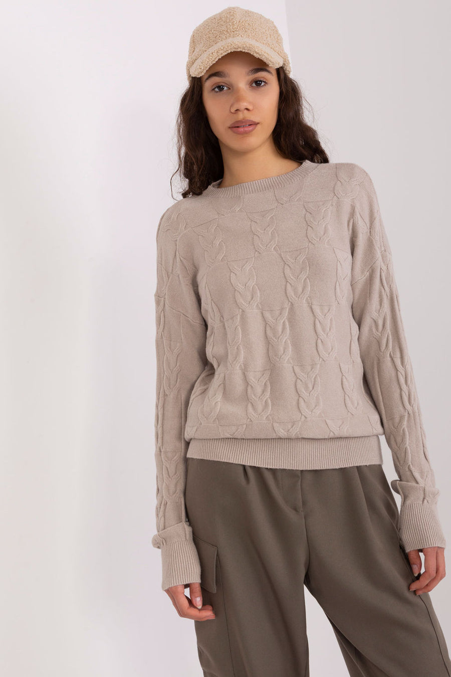 AT Beige Round Neck Long Sleeve Jumper