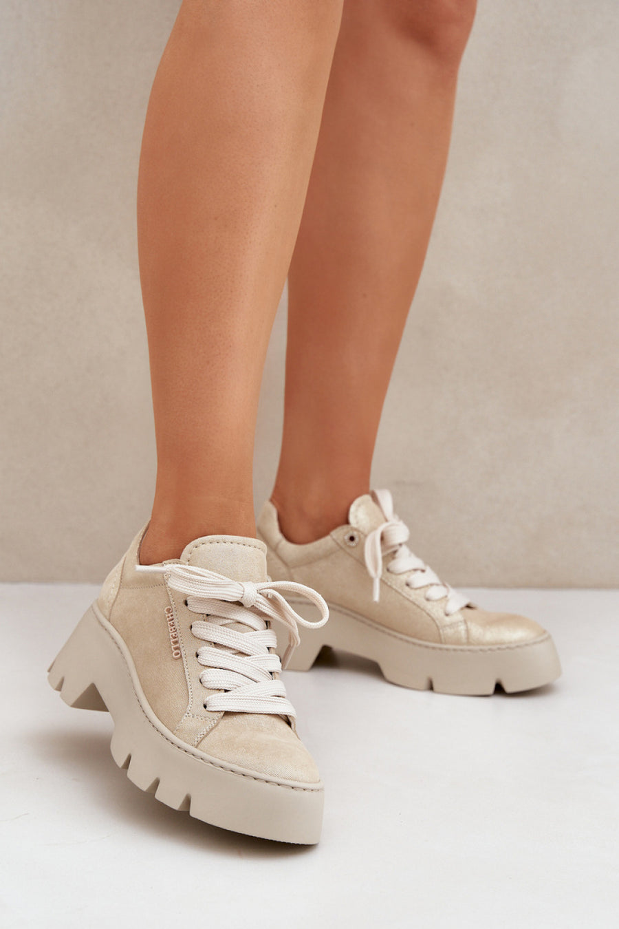 Step In Style Gold Leather Platform Trainers with Round Toe