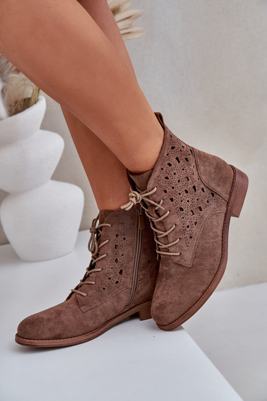 Step In Style Brown Faux Suede Flat Lace Up Boots
