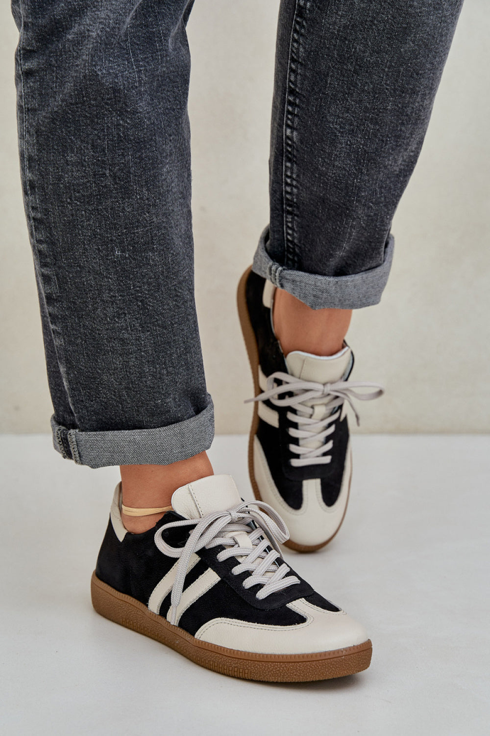 Step In Style Black Leather Lace Up Trainers