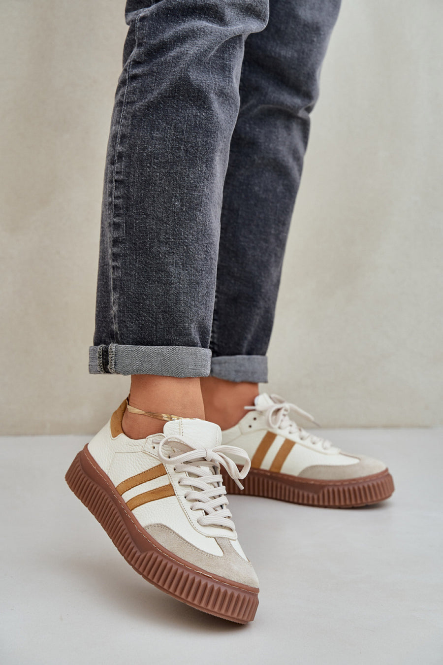 Step In Style Beige Leather Lace Up Trainers