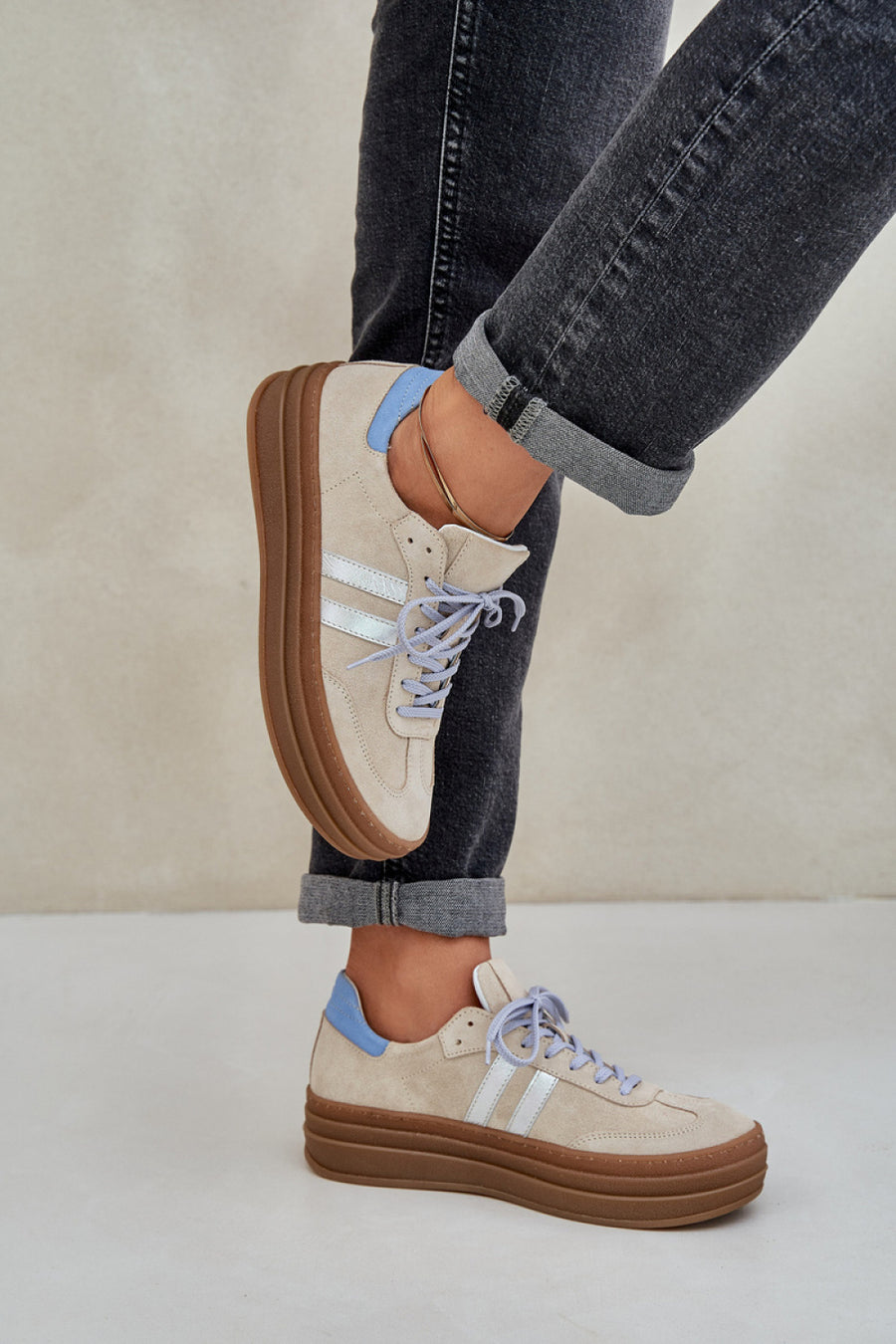 Step In Style Beige Suede Platform Trainers