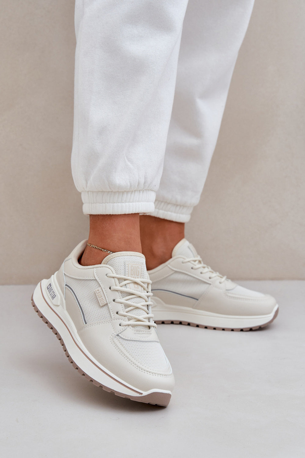 Step In Style Light Beige Faux Leather Trainers