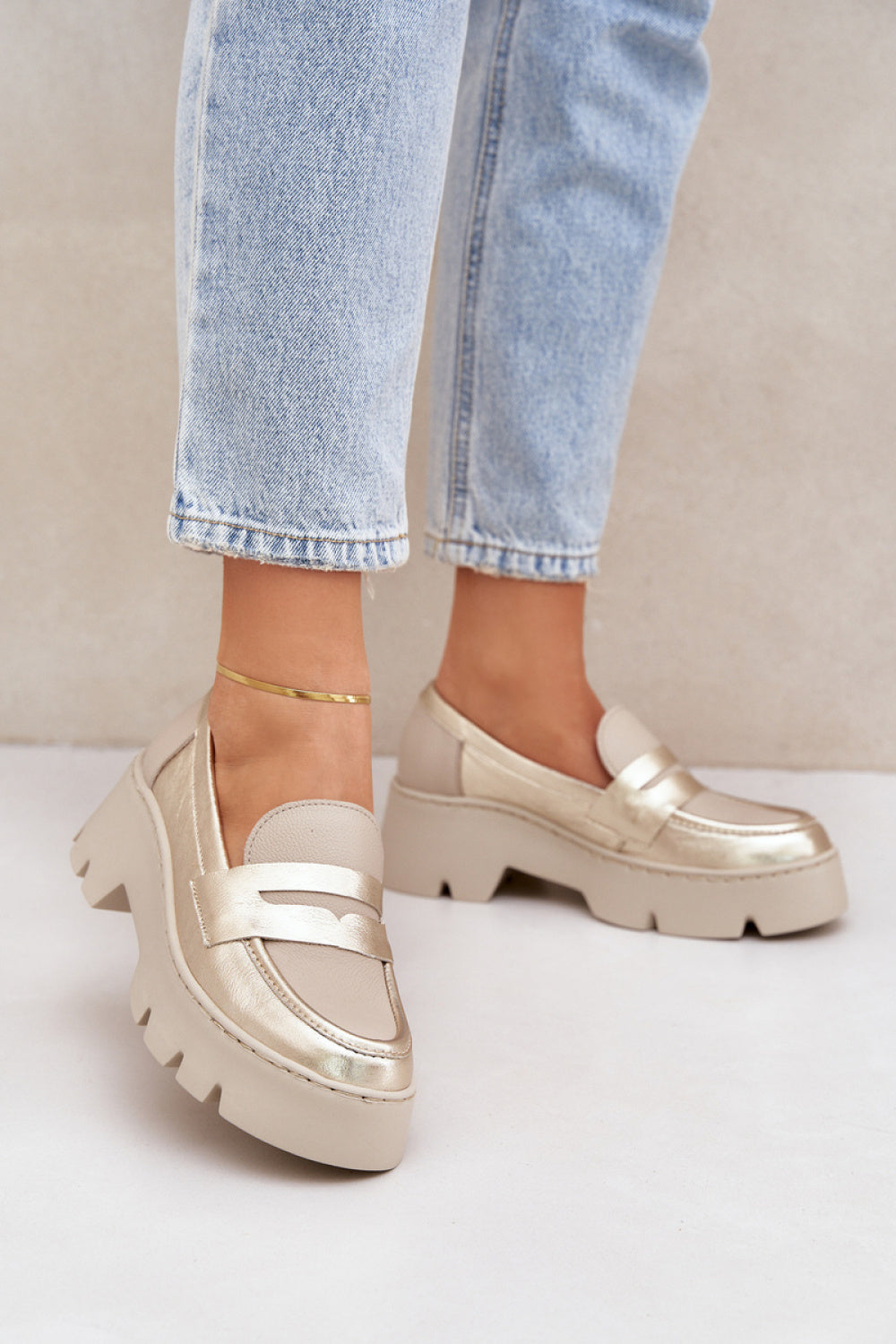 Step In Style Zazoo Gold Leather Platform Moccasins