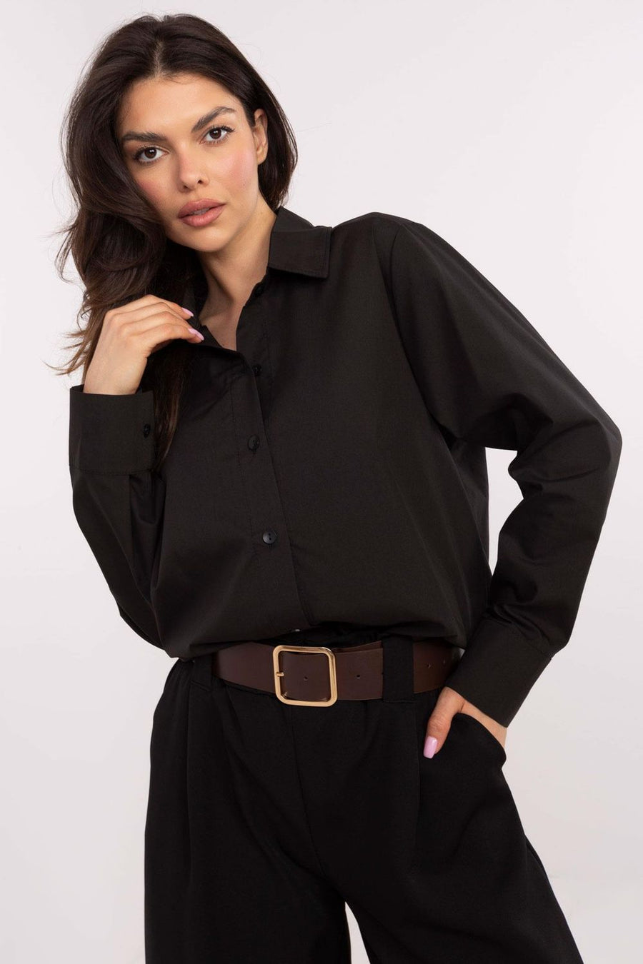 Lakerta Black Collared Cotton Long Sleeve Top