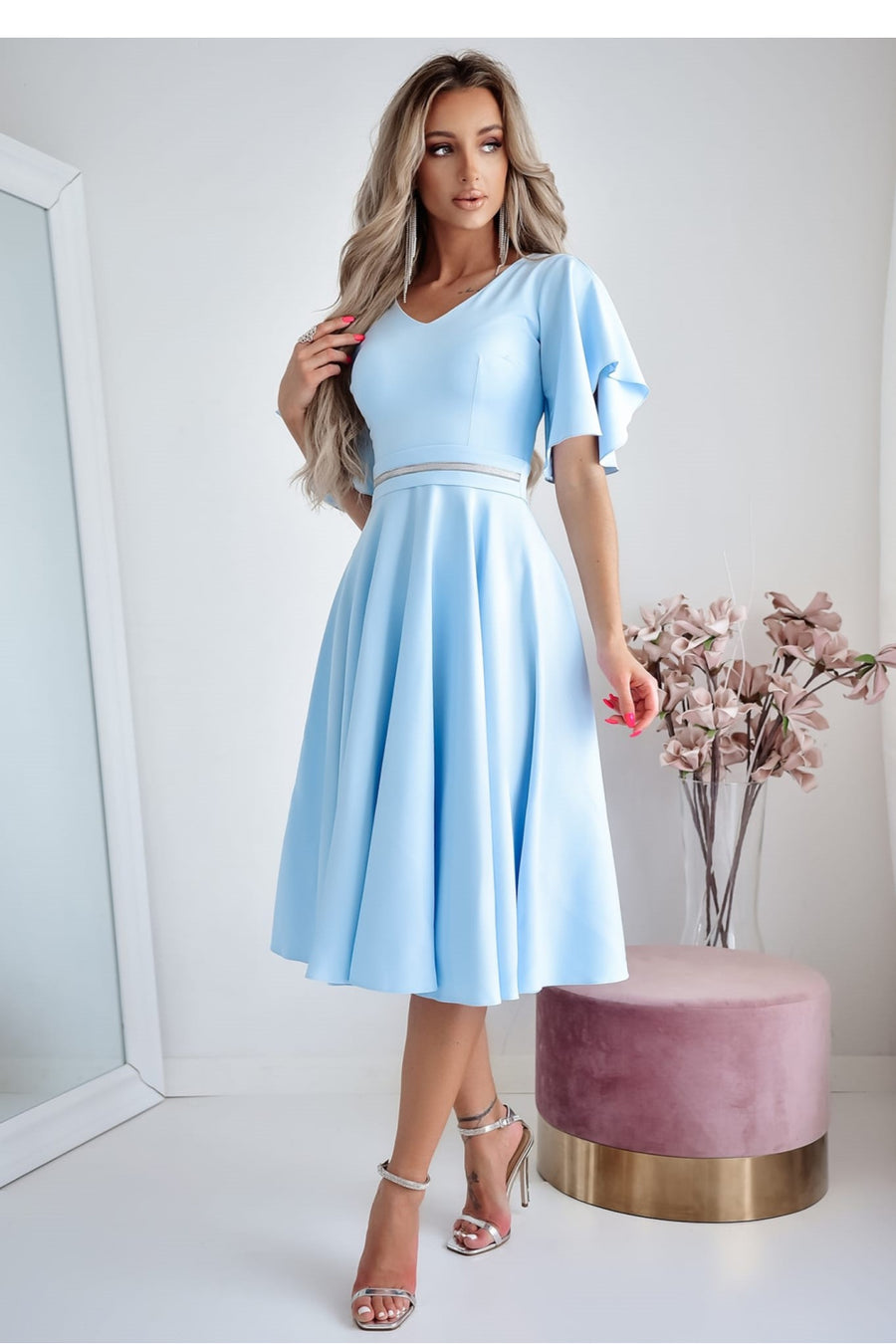 With You Luna Sky Blue Flared V-Neck Cocktail Dress