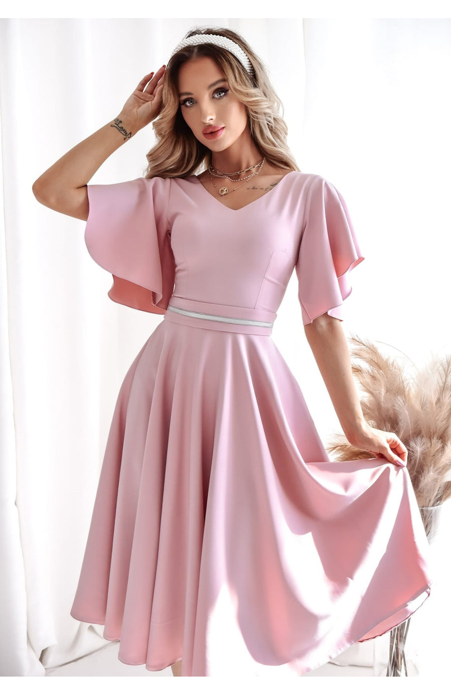 With You Luna Pink Flared V-Neck Cocktail Dress