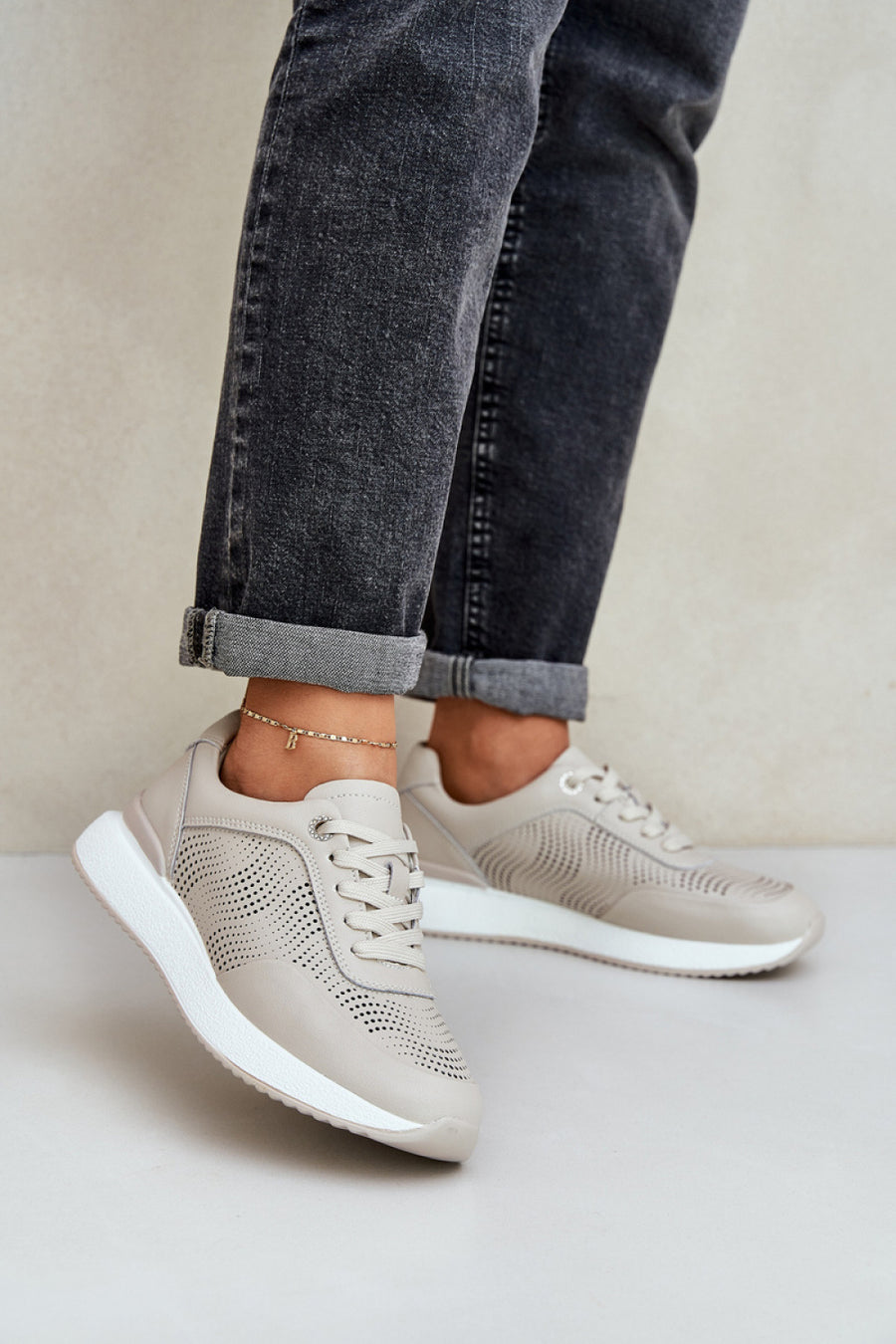 Step In Style Beige Leather Platform Trainers