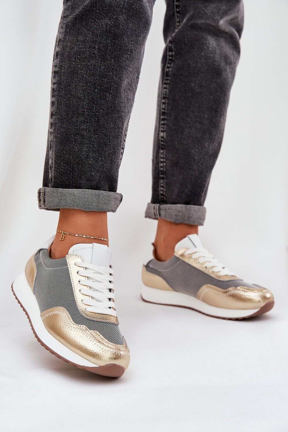 Step In Style Gold Leather Lace Up Trainers