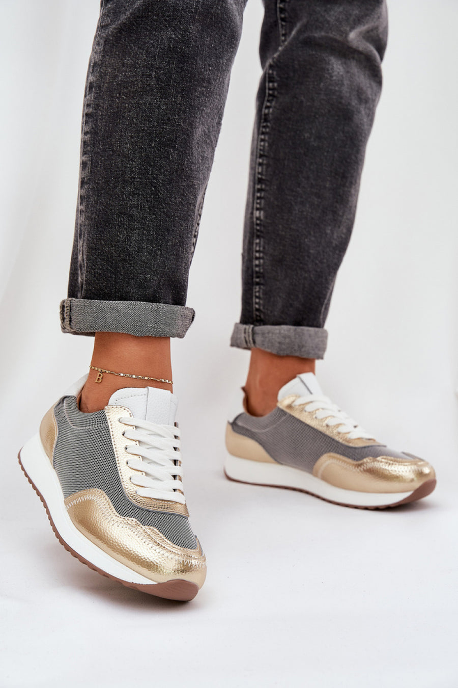 Step In Style Gold Leather Lace Up Trainers