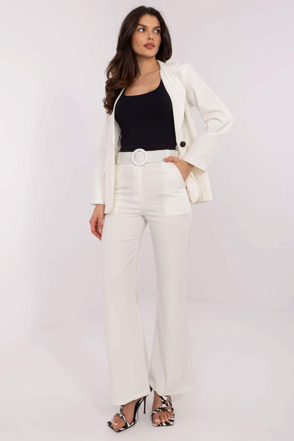 Italy Moda Ecru Flared High Waisted Trousers