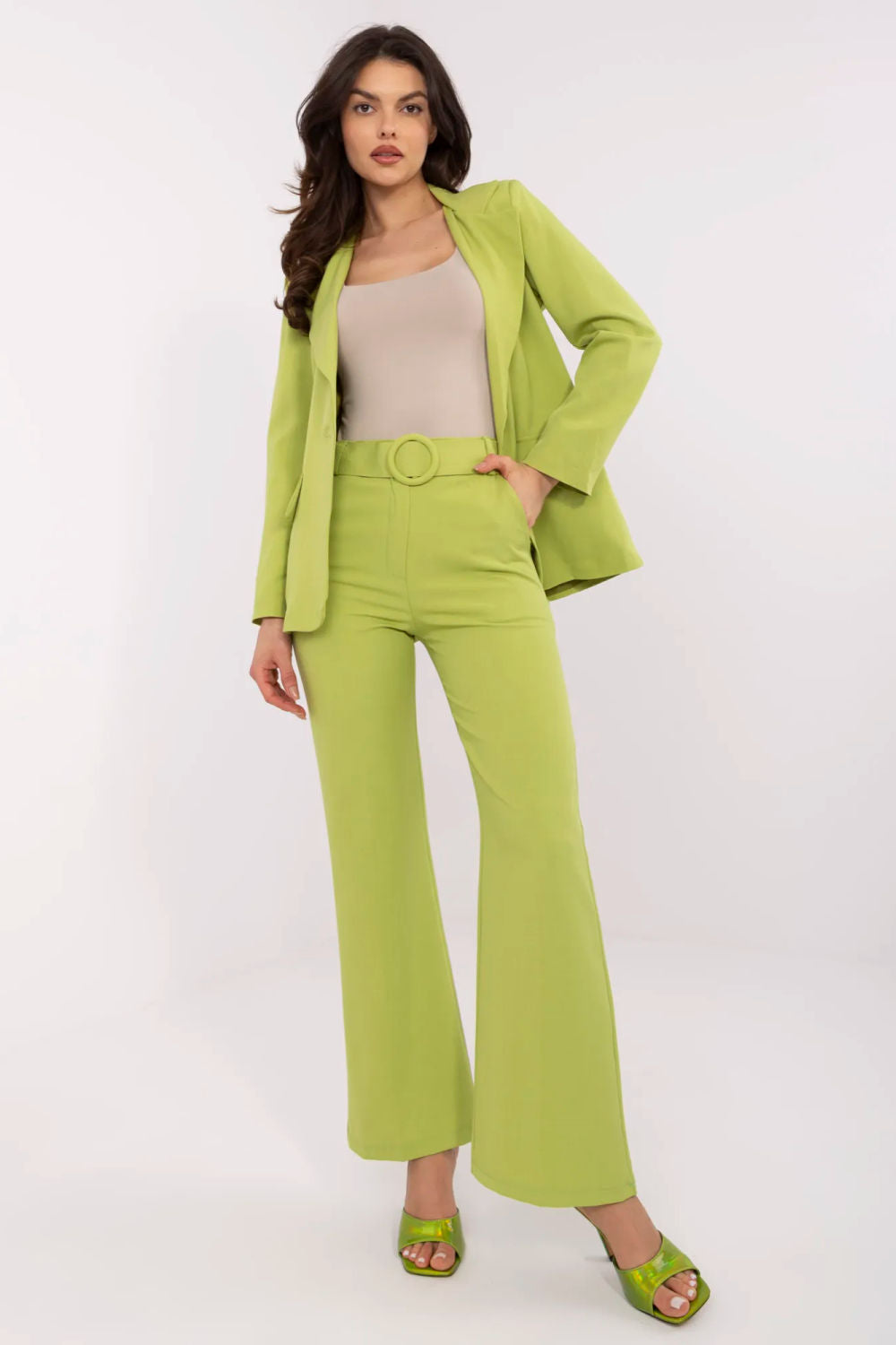 Italy Moda Lime Flared High Waisted Trousers