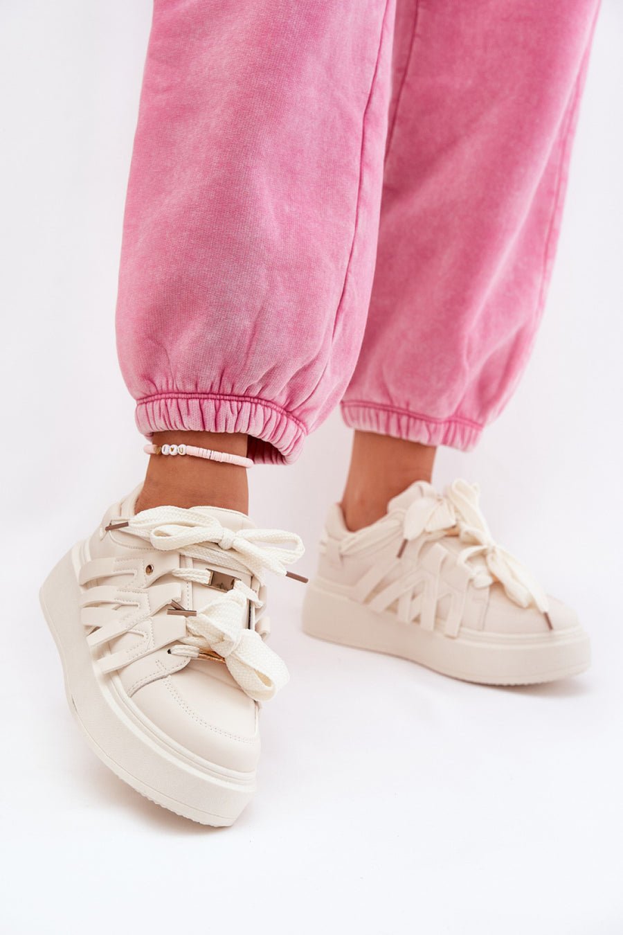 Step In Style Beige Faux Leather Platform Trainers