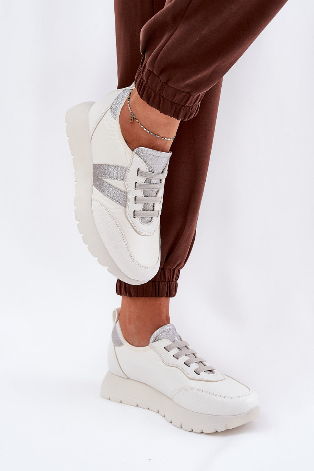 Step In Style White Faux Leather Platform Trainers with Round Toe