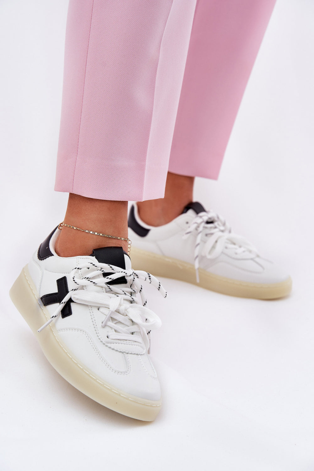Step In Style White Faux Leather Trainers with Round Toe