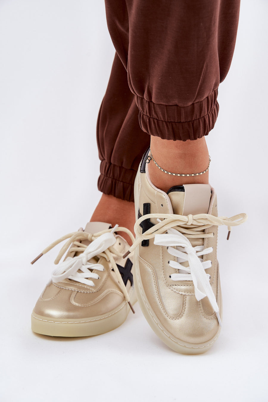 Step In Style Gold Faux Leather Trainers with Round Toe