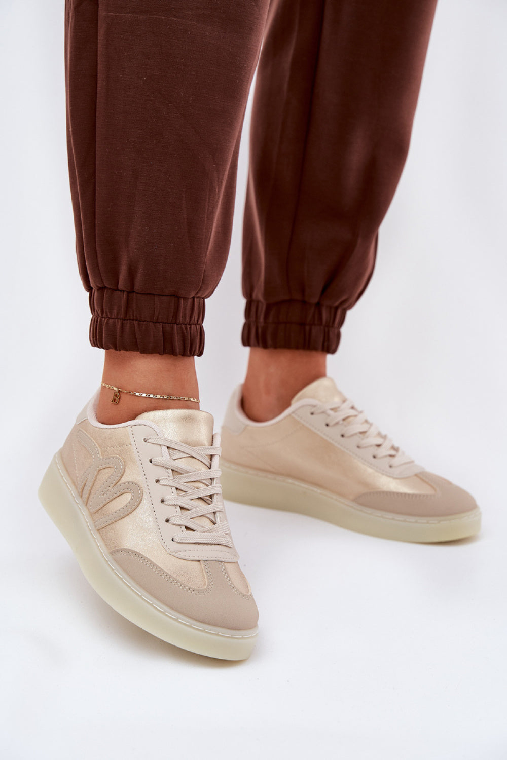 Step In Style Beige Faux Leather Trainers with Round Toe