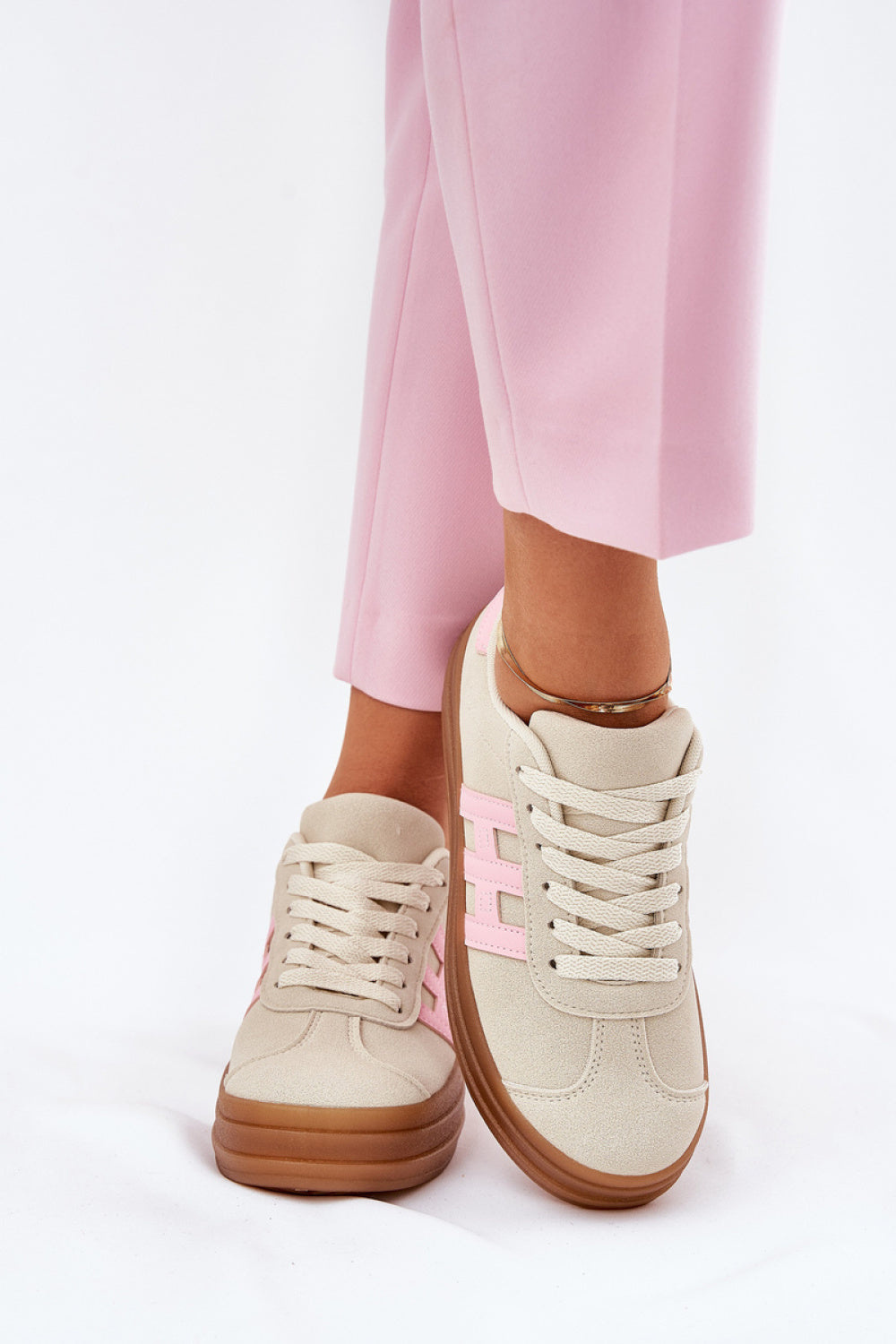 Step In Style Beige Faux Suede Platform Trainers