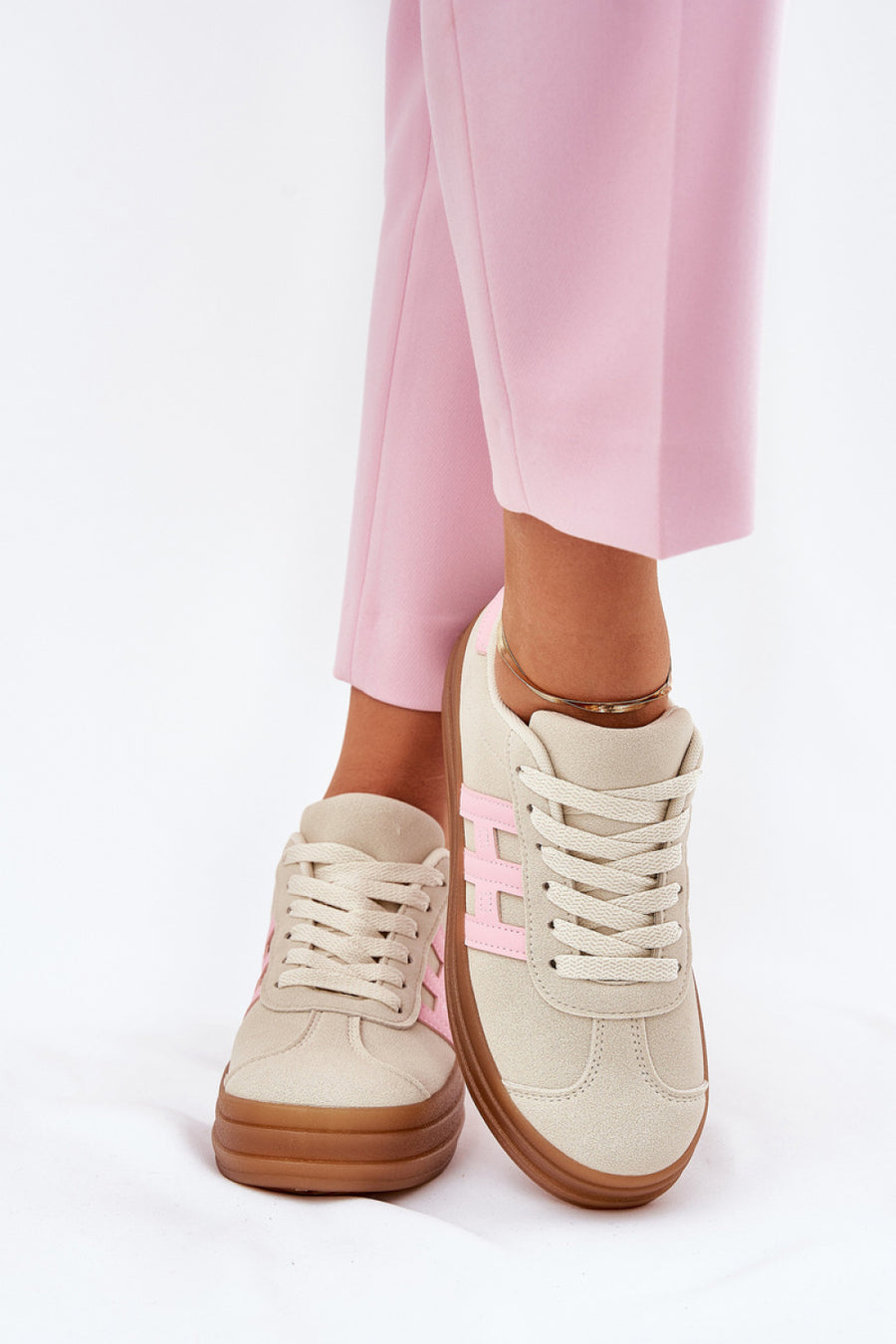Step In Style Beige Faux Suede Platform Trainers