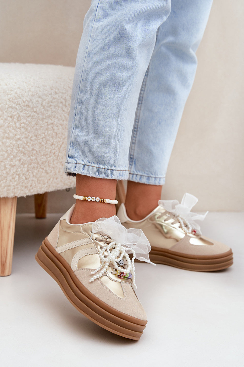 Step In Style Gold Faux Suede Platform Trainers