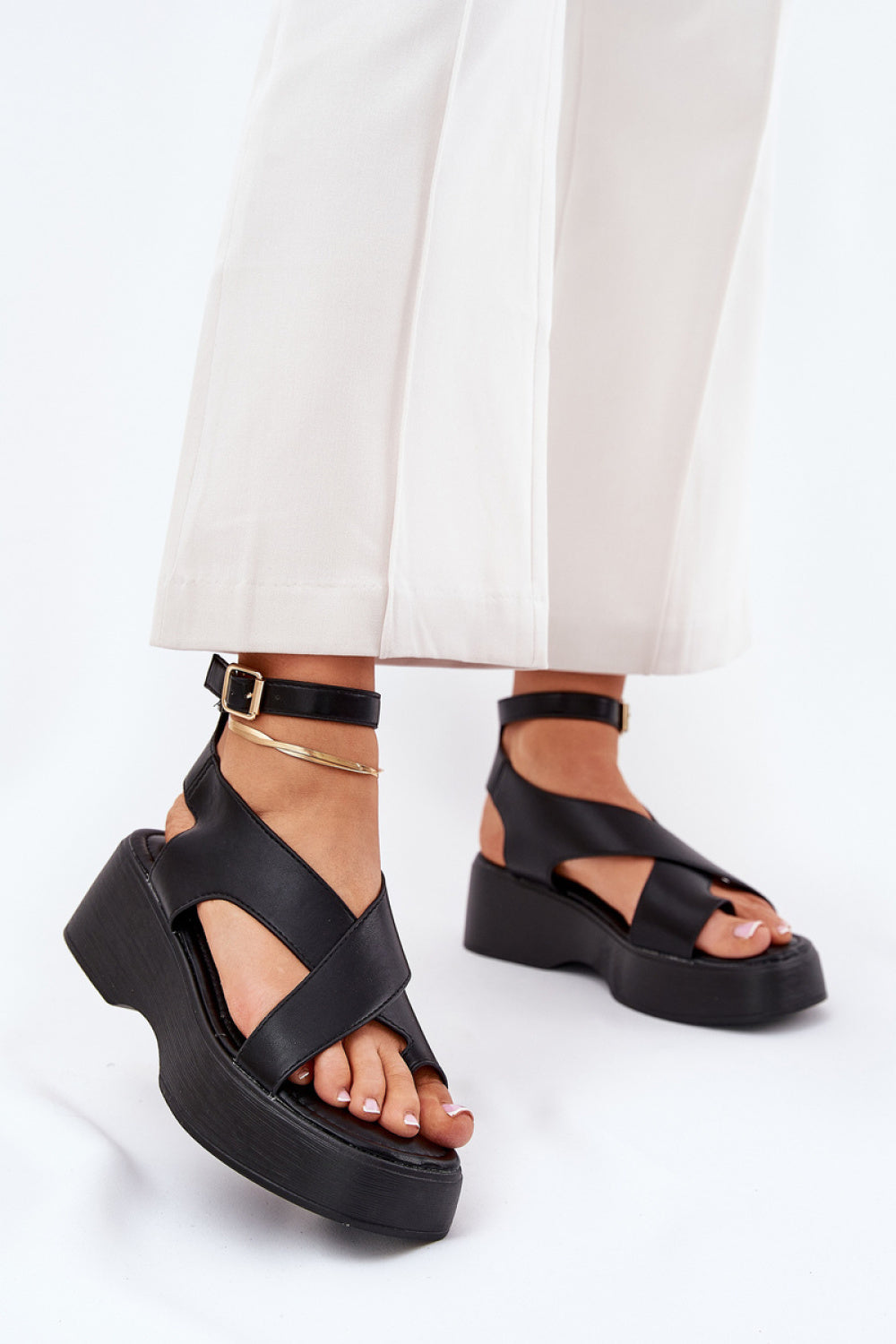 Step In Style Tenzorus Black Faux Leather Platform Sandals